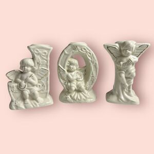 Vintage Angel Cherubs JOY Candle Holders 3 Set Ceramic Bisque White Christmas